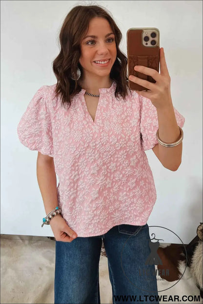 Apricot Pink Floral Textured Jacquard Puff Sleeve Blouse