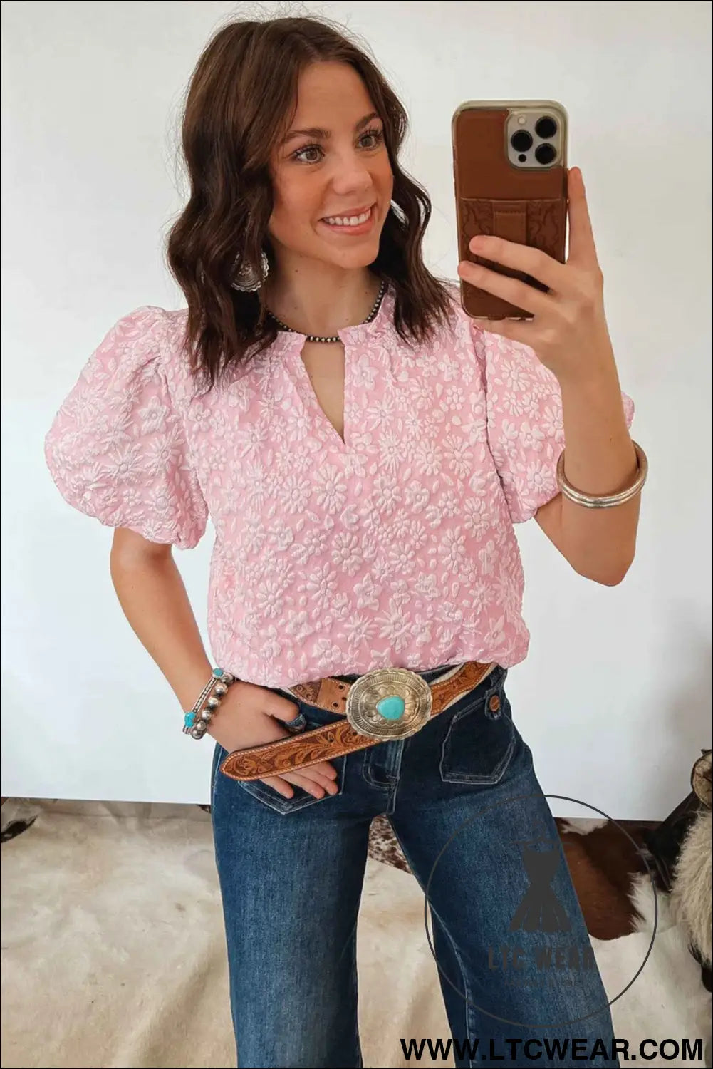 Apricot Pink Floral Textured Jacquard Puff Sleeve Blouse