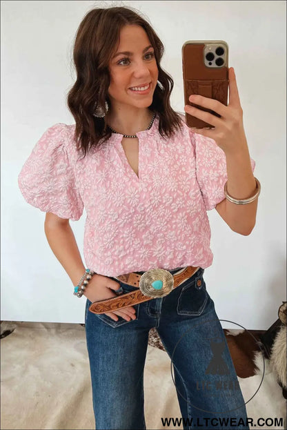 Apricot Pink Floral Textured Jacquard Puff Sleeve Blouse