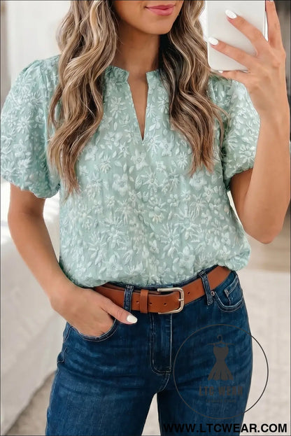 Apricot Pink Floral Textured Jacquard Puff Sleeve Blouse - L.T.C Wear Online Fashion Store