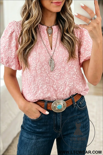 Apricot Pink Floral Textured Jacquard Puff Sleeve Blouse - L.T.C Wear Online Fashion Store