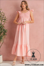 Apricot pink v neck flutter sleeve smocked bodice high waist ruffle maxi dress - maxi dresses