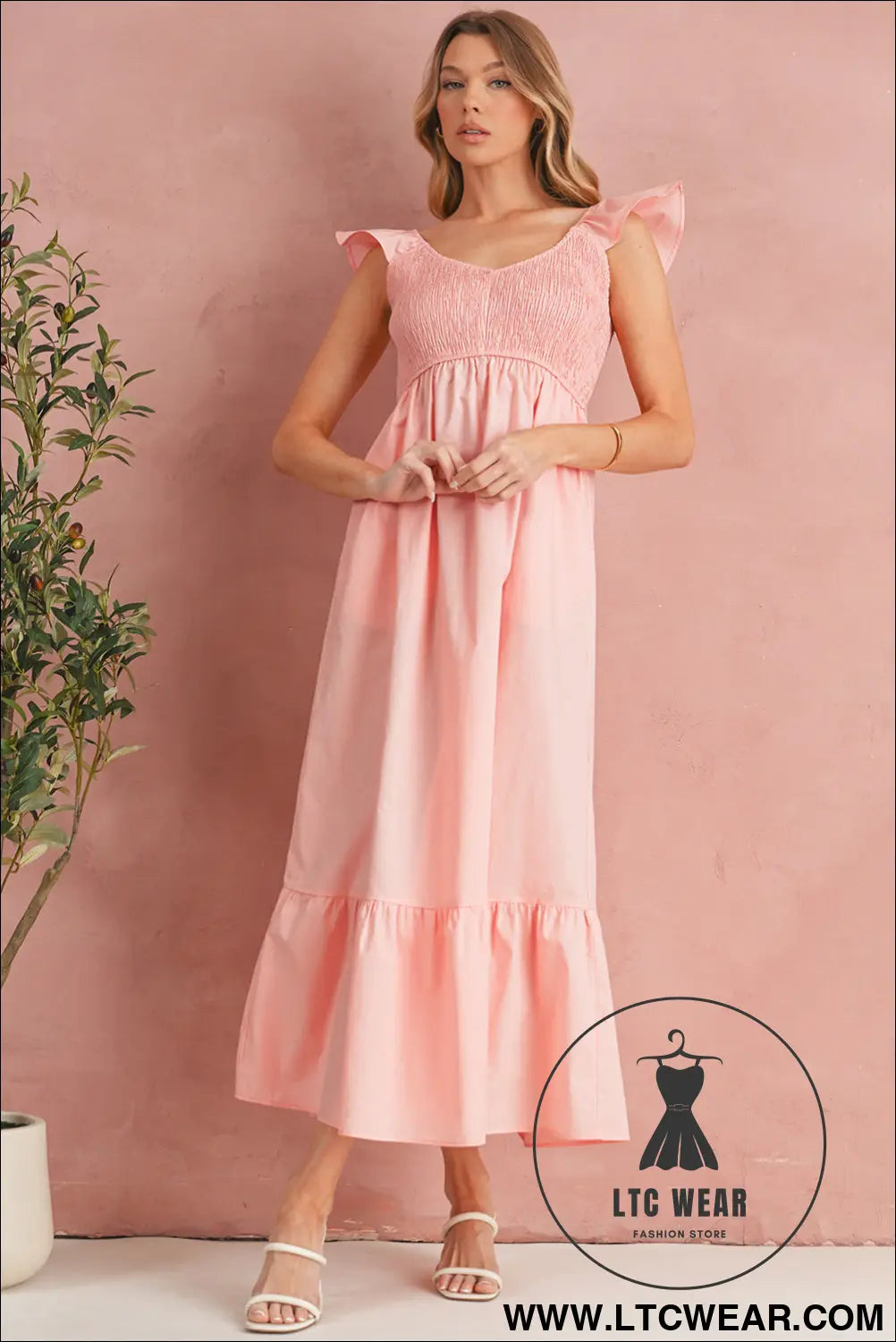 Apricot pink v neck flutter sleeve smocked bodice high waist ruffle maxi dress - maxi dresses