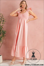Apricot pink v neck flutter sleeve smocked bodice high waist ruffle maxi dress - maxi dresses