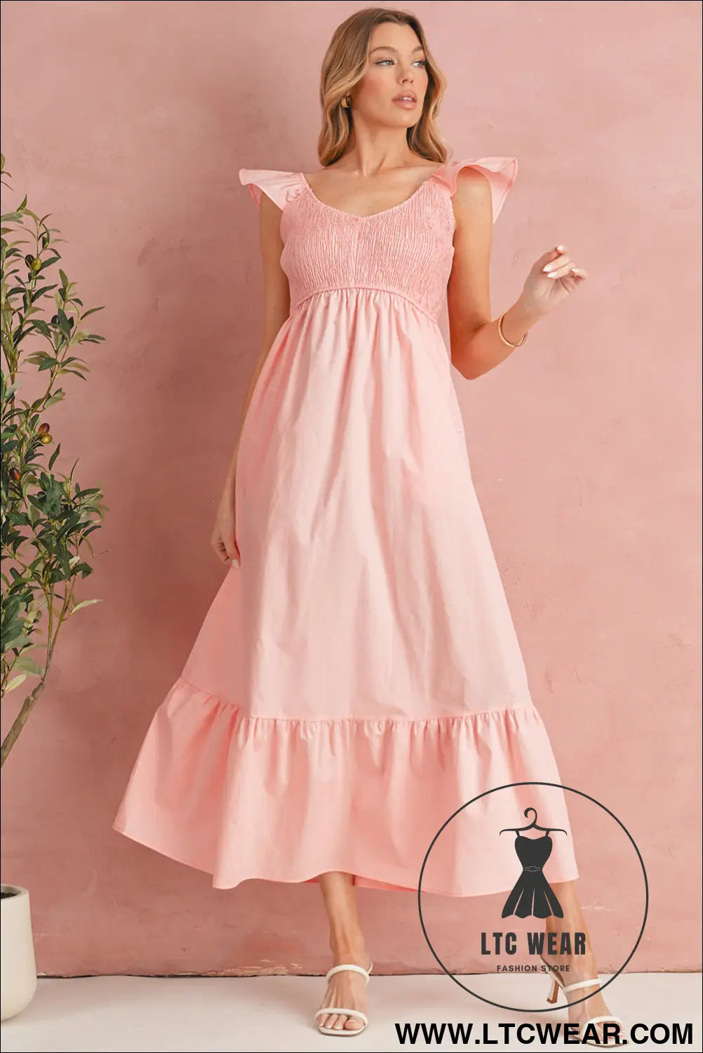 Apricot pink v neck flutter sleeve smocked bodice high waist ruffle maxi dress - maxi dresses