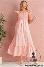 Apricot pink v neck flutter sleeve smocked bodice high waist ruffle maxi dress - maxi dresses