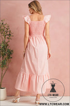 Apricot pink v neck flutter sleeve smocked bodice high waist ruffle maxi dress - maxi dresses