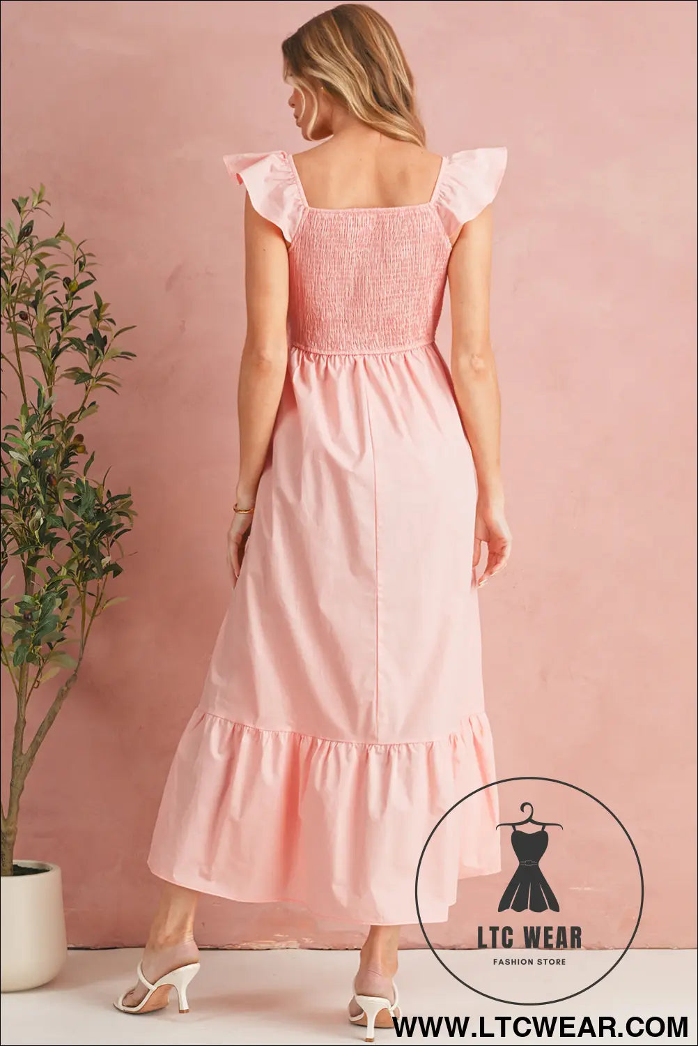 Apricot pink v neck flutter sleeve smocked bodice high waist ruffle maxi dress - maxi dresses