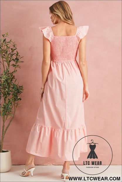 Apricot pink v neck flutter sleeve smocked bodice high waist ruffle maxi dress - maxi dresses