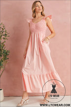 Apricot pink v neck flutter sleeve smocked bodice high waist ruffle maxi dress - maxi dresses