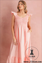 Apricot pink v neck flutter sleeve smocked bodice high waist ruffle maxi dress - maxi dresses