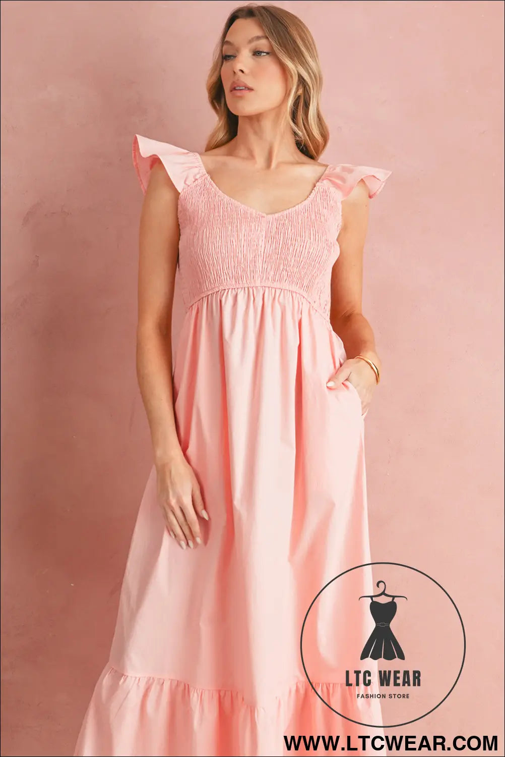 Apricot pink v neck flutter sleeve smocked bodice high waist ruffle maxi dress - maxi dresses