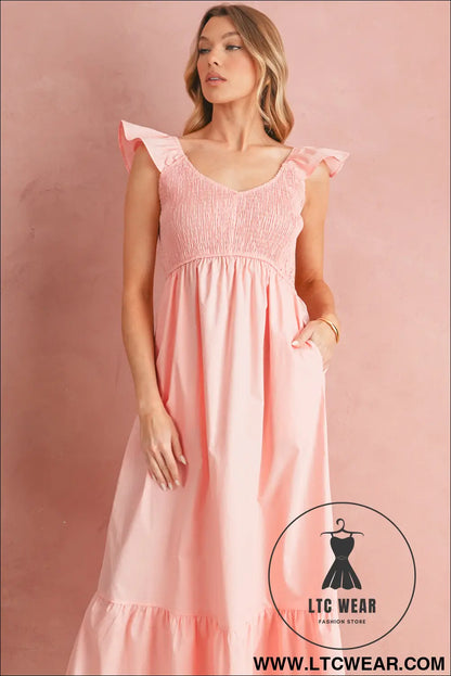 Apricot pink v neck flutter sleeve smocked bodice high waist ruffle maxi dress - maxi dresses