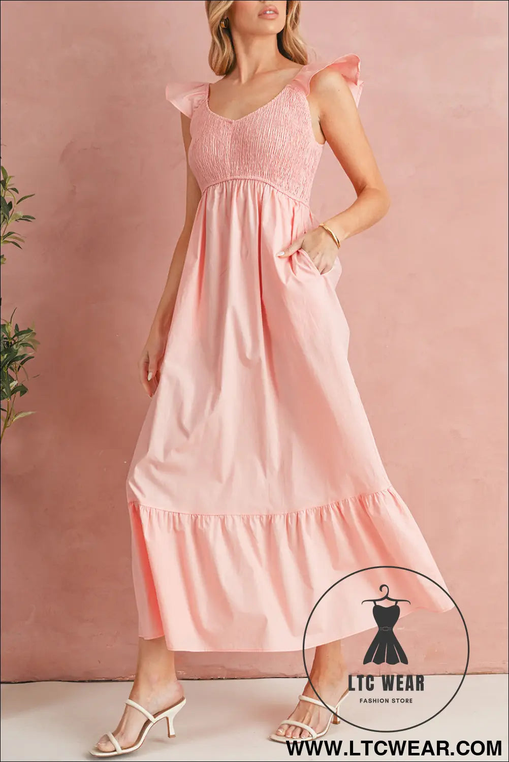 Apricot pink v neck flutter sleeve smocked bodice high waist ruffle maxi dress - apricot pink / l / 100% cotton - maxi
