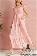 Apricot pink v neck flutter sleeve smocked bodice high waist ruffle maxi dress - apricot pink / l / 100% cotton - maxi
