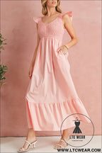 Apricot pink v neck flutter sleeve smocked bodice high waist ruffle maxi dress - apricot pink / l / 100% cotton - maxi