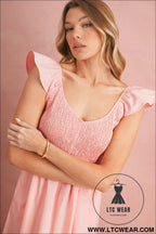 Apricot pink v neck flutter sleeve smocked bodice high waist ruffle maxi dress - maxi dresses