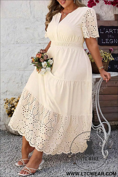 Apricot Plus Size V Neck Lacy Embroidery Patchwork Short Sleeve Maxi Dress