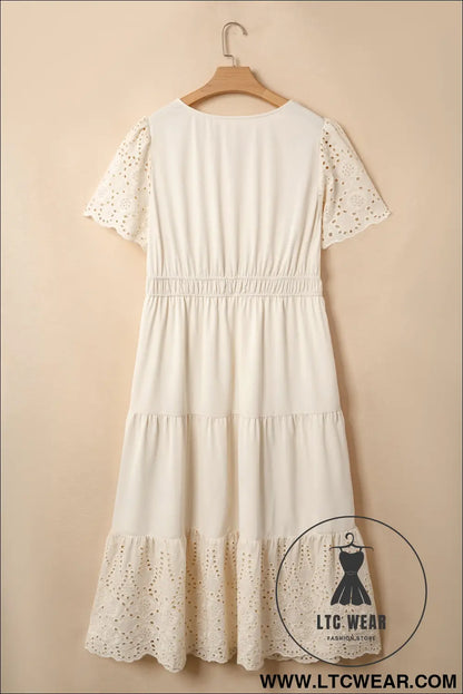 Apricot Plus Size V Neck Lacy Embroidery Patchwork Short Sleeve Maxi Dress - L.T.C Wear Online Fashion Store