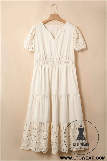 Apricot Plus Size V Neck Lacy Embroidery Patchwork Short Sleeve Maxi Dress