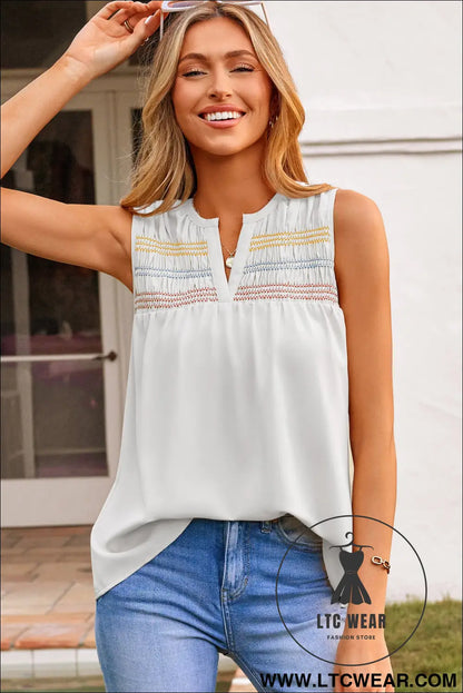 Apricot Shirred Contrast Stitch V Neck Sleeveless Shift Top - L.T.C Wear Online Fashion Store