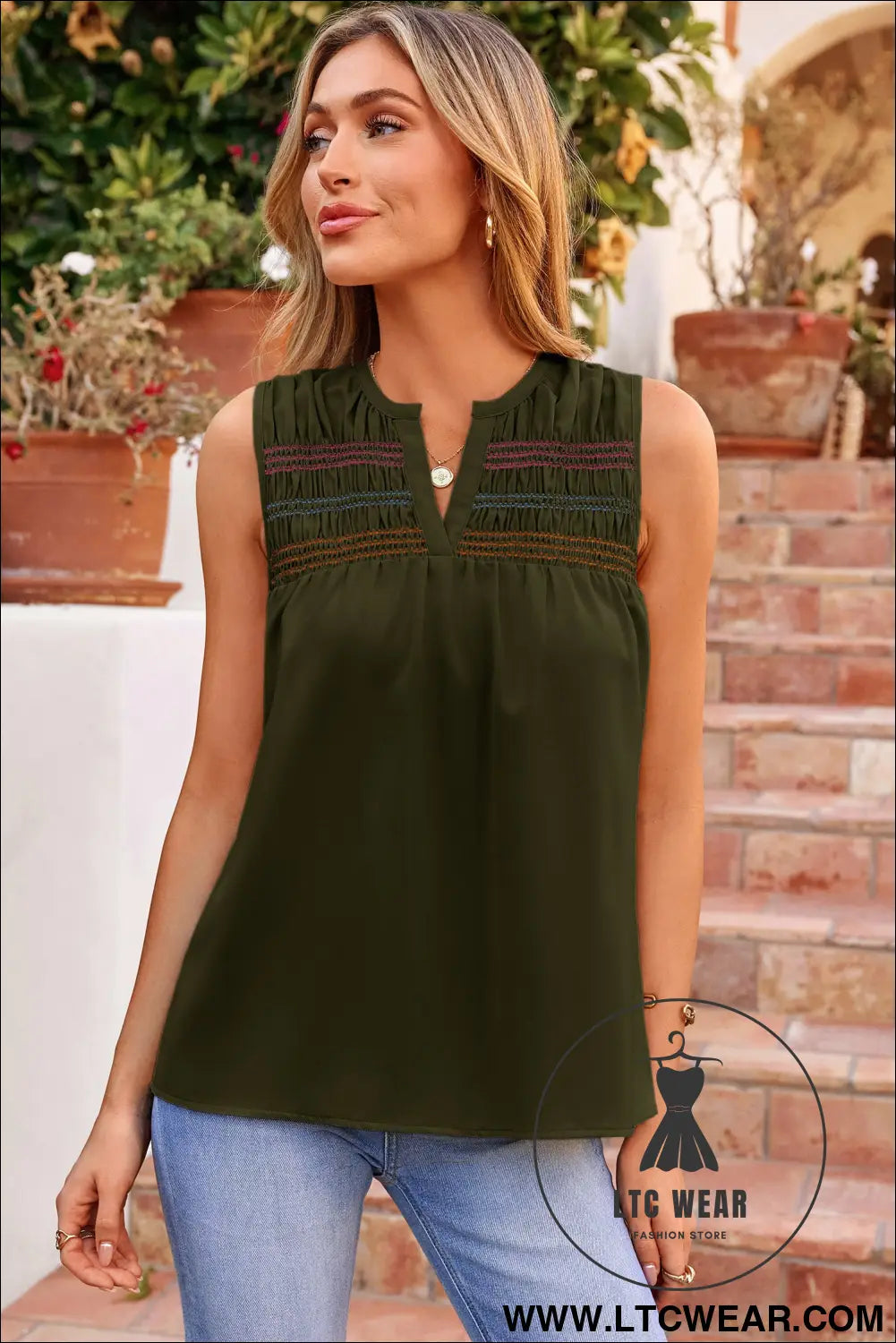 Apricot Shirred Contrast Stitch V Neck Sleeveless Shift Top - L.T.C Wear Online Fashion Store