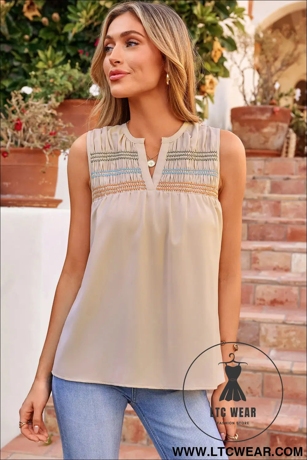 Apricot Shirred Contrast Stitch V Neck Sleeveless Shift Top - L.T.C Wear Online Fashion Store