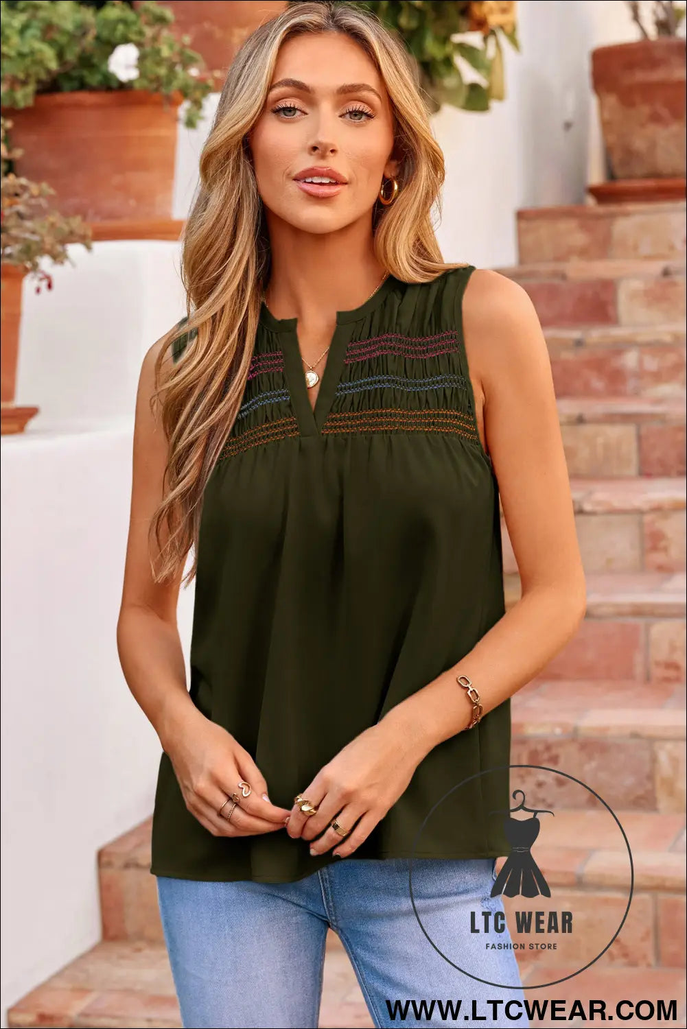 Apricot Shirred Contrast Stitch V Neck Sleeveless Shift Top - L.T.C Wear Online Fashion Store