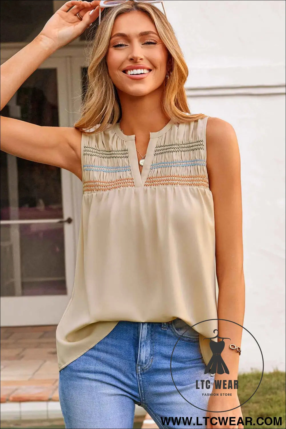 Apricot Shirred Contrast Stitch V Neck Sleeveless Shift Top