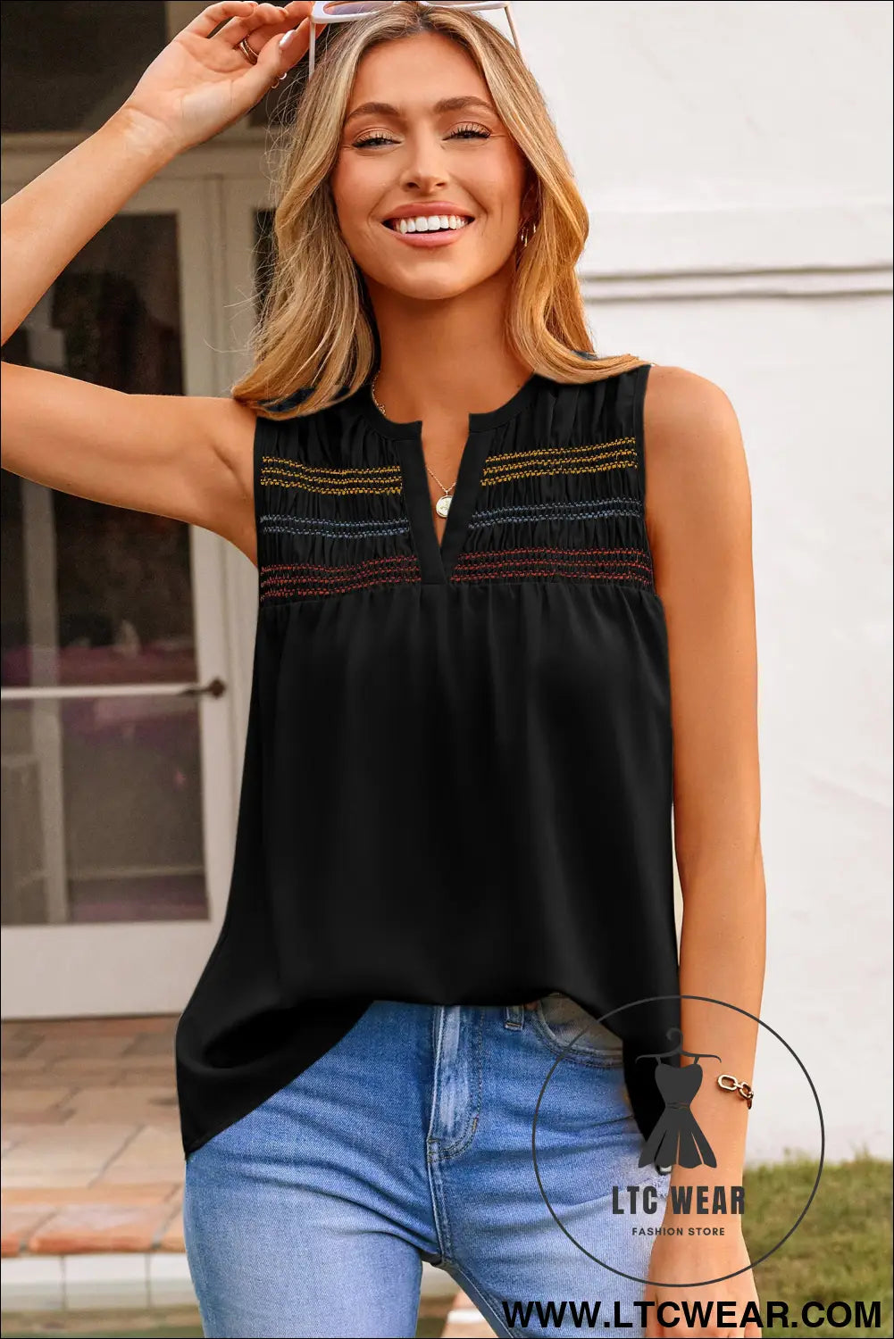 Apricot Shirred Contrast Stitch V Neck Sleeveless Shift Top - L.T.C Wear Online Fashion Store