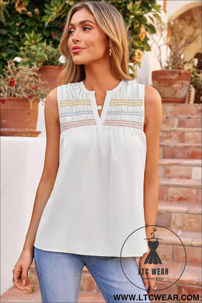 Apricot Shirred Contrast Stitch V Neck Sleeveless Shift Top - L.T.C Wear Online Fashion Store