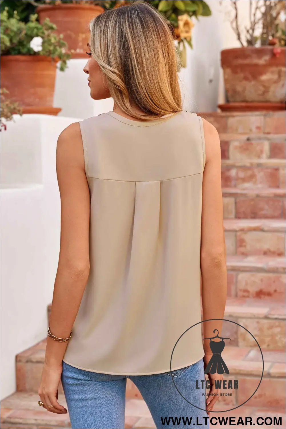 Apricot Shirred Contrast Stitch V Neck Sleeveless Shift Top