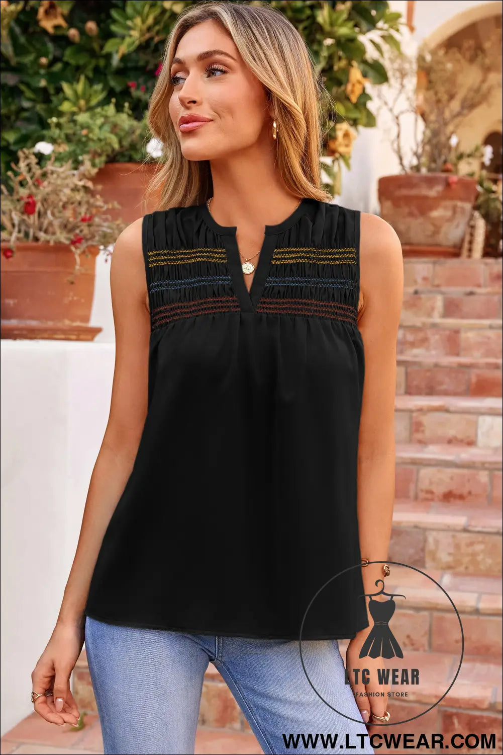 Apricot Shirred Contrast Stitch V Neck Sleeveless Shift Top - L.T.C Wear Online Fashion Store