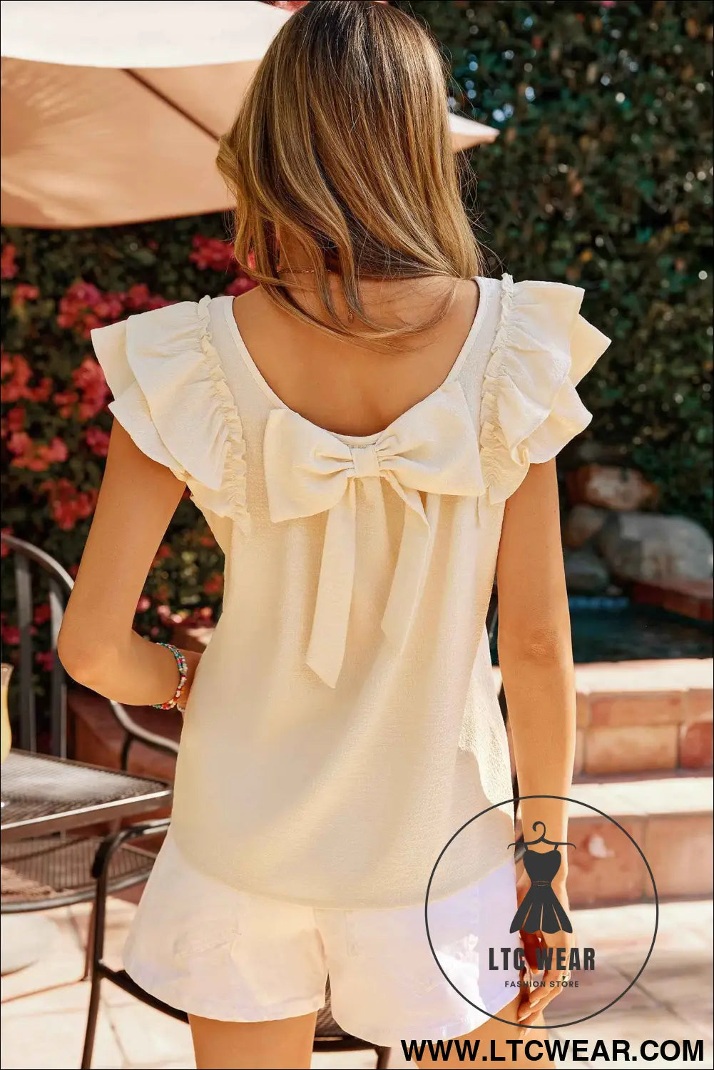 Apricot Solid Color Bow Detail Back Ruffled Sleeveless Top