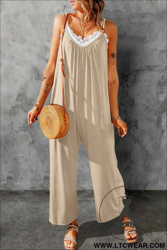 Apricot Spaghetti Straps Wide Leg Pocketed Jumpsuits