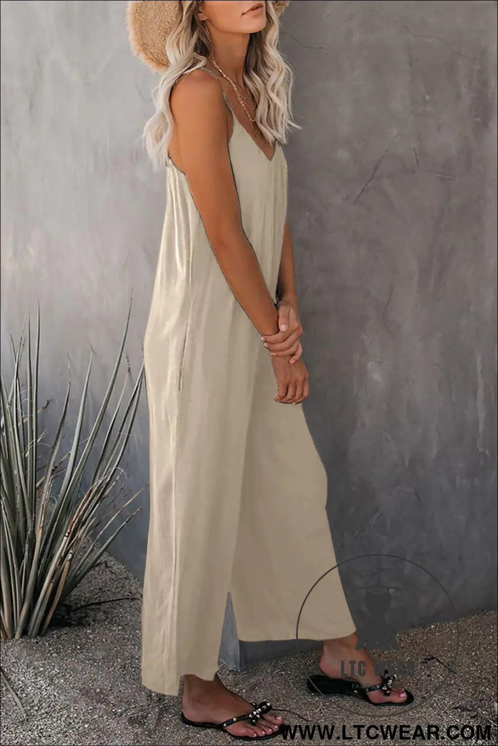 Apricot Spaghetti Straps Wide Leg Pocketed Jumpsuits - L.T.C Wear Online Fashion Store