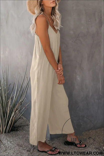 Apricot Spaghetti Straps Wide Leg Pocketed Jumpsuits - L.T.C Wear Online Fashion Store
