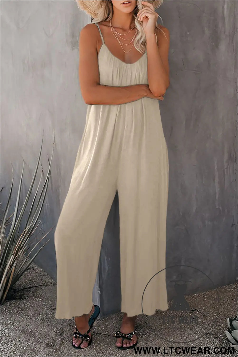 Apricot Spaghetti Straps Wide Leg Pocketed Jumpsuits - L.T.C Wear Online Fashion Store
