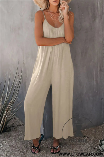 Apricot Spaghetti Straps Wide Leg Pocketed Jumpsuits - L.T.C Wear Online Fashion Store