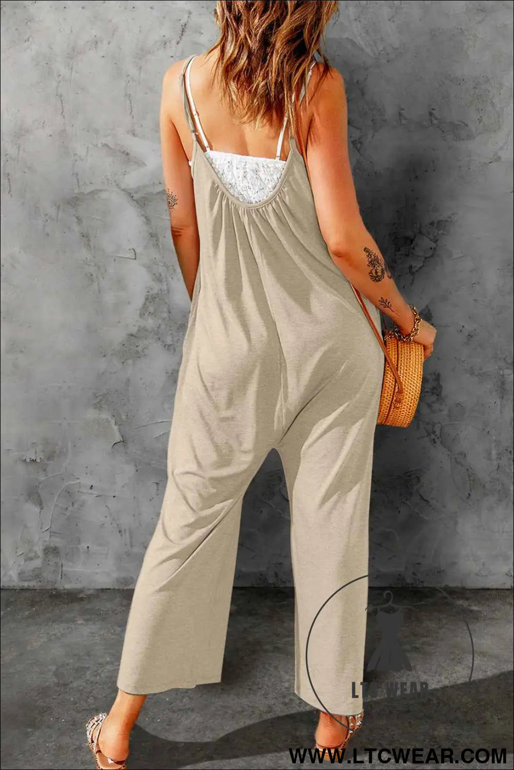 Apricot Spaghetti Straps Wide Leg Pocketed Jumpsuits