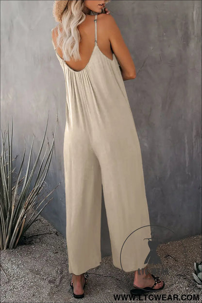 Apricot Spaghetti Straps Wide Leg Pocketed Jumpsuits - L.T.C Wear Online Fashion Store