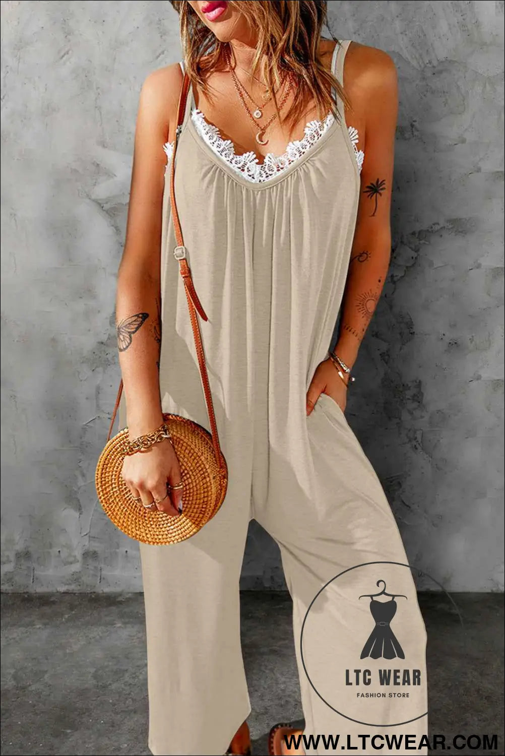 Apricot Spaghetti Straps Wide Leg Pocketed Jumpsuits