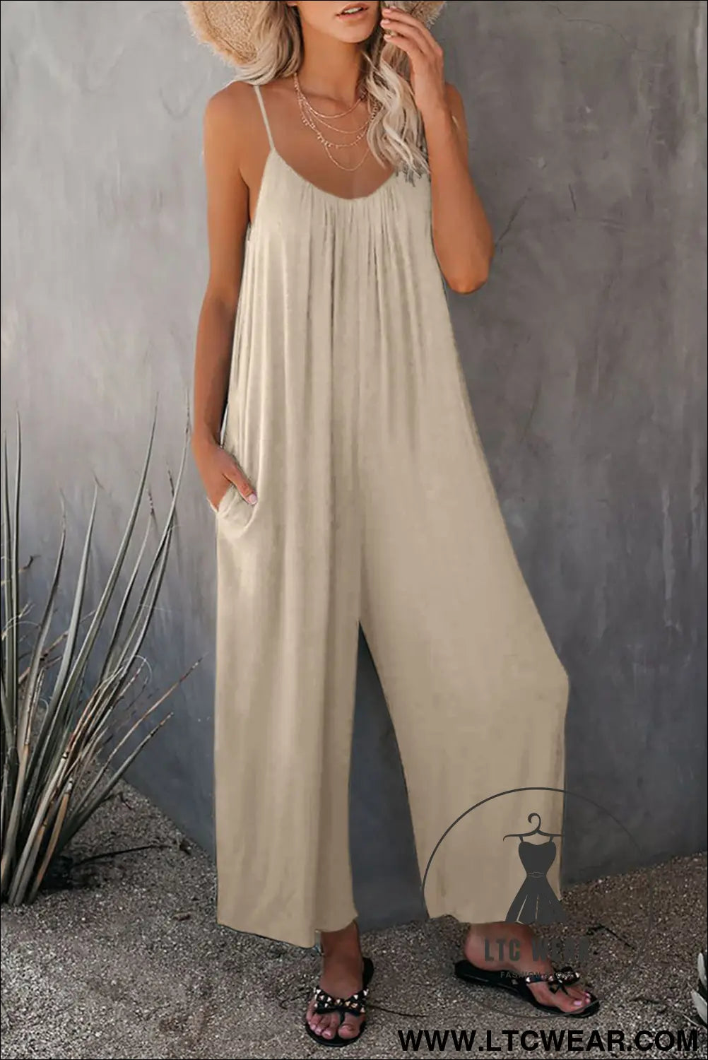 Apricot Spaghetti Straps Wide Leg Pocketed Jumpsuits - L.T.C Wear Online Fashion Store