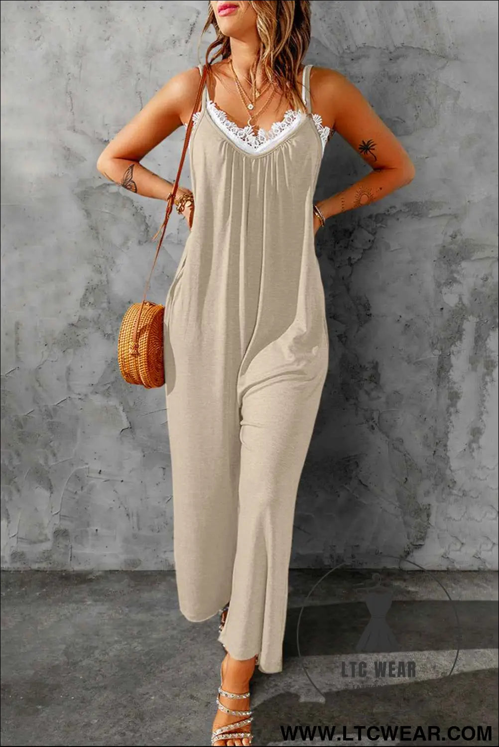 Apricot Spaghetti Straps Wide Leg Pocketed Jumpsuits