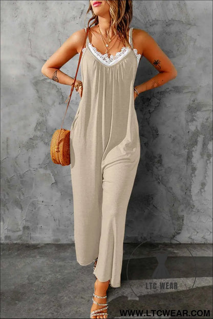 Apricot Spaghetti Straps Wide Leg Pocketed Jumpsuits