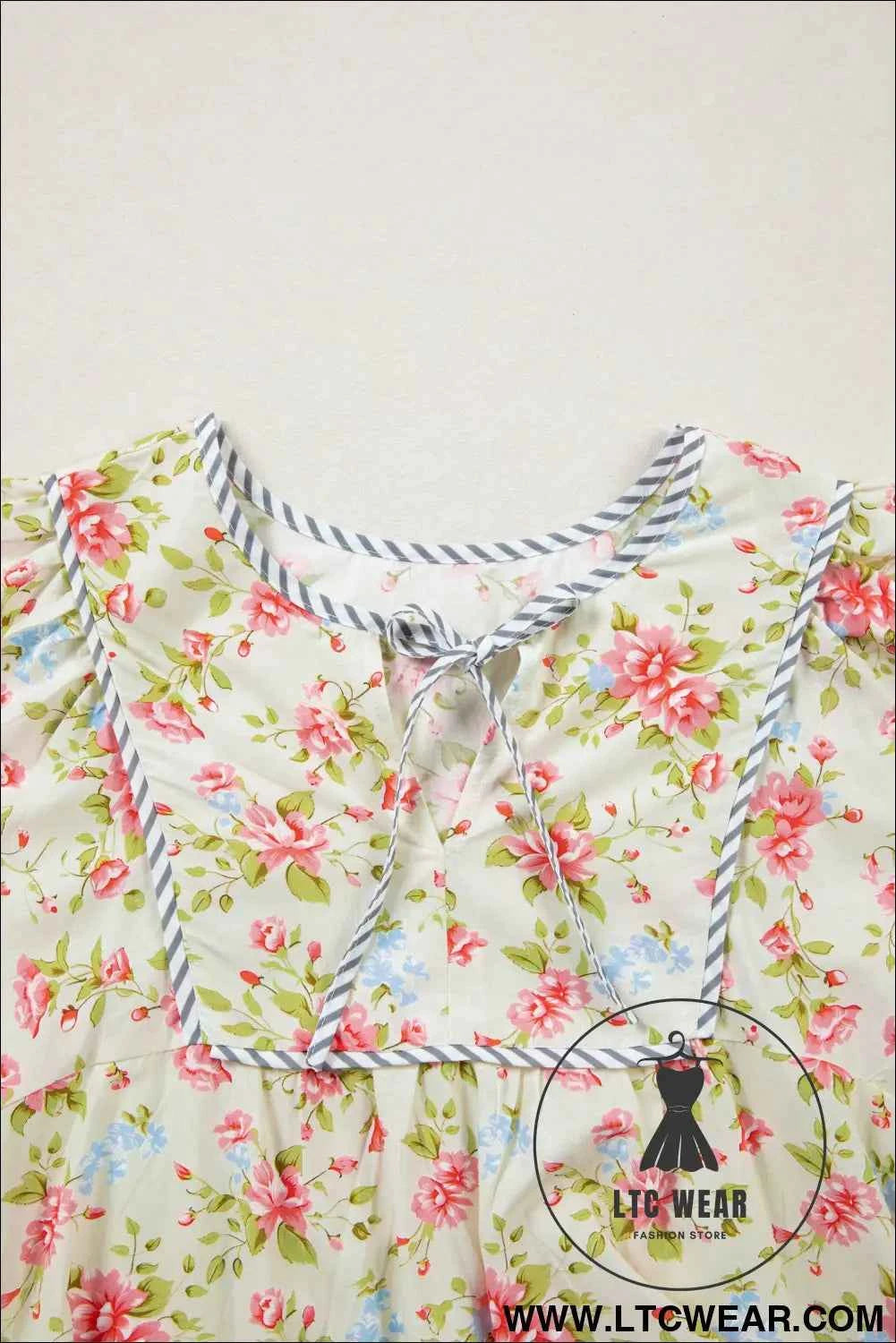Apricot Striped Edge 3/4 Puff Sleeve Floral Dress