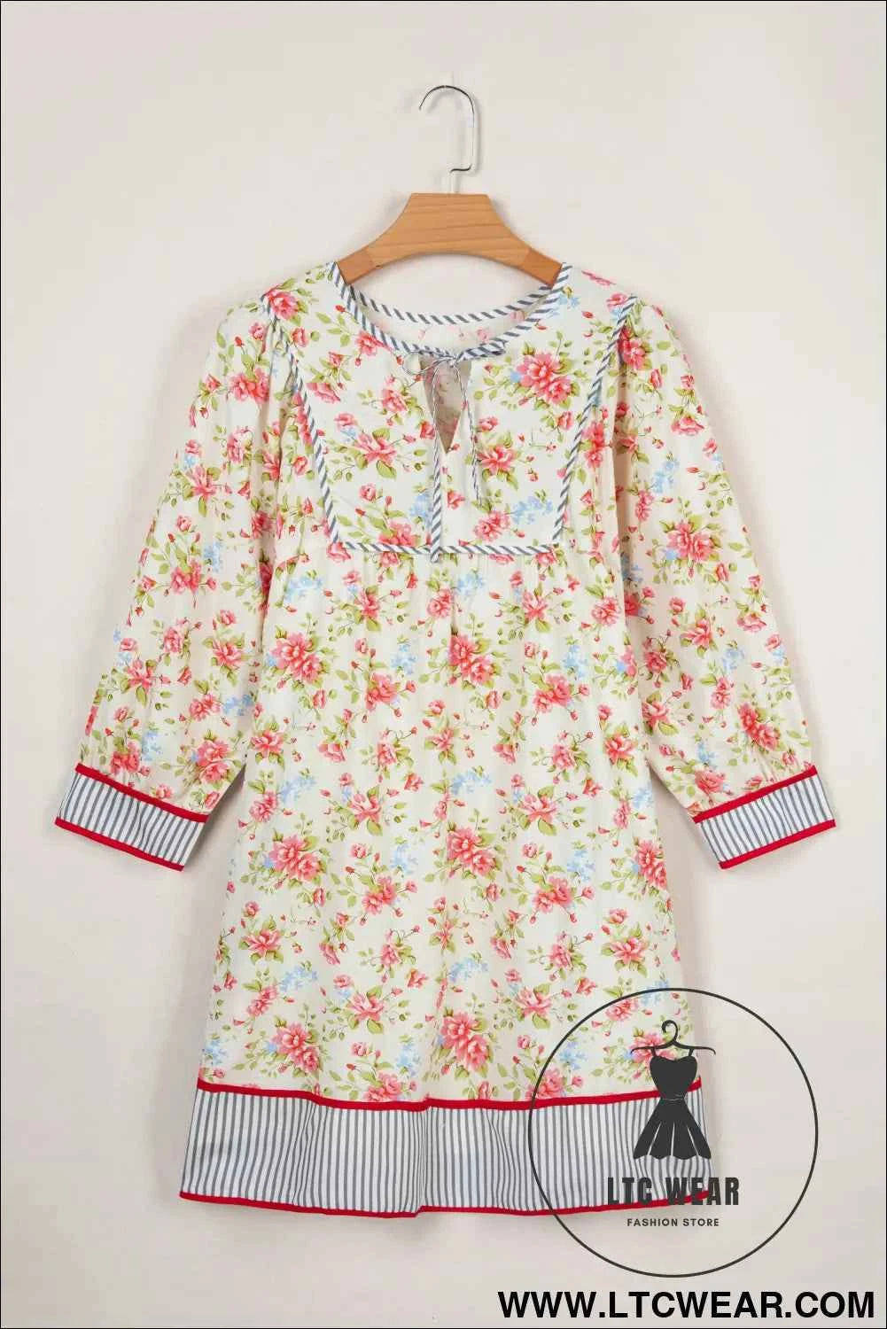 Apricot Striped Edge 3/4 Puff Sleeve Floral Dress