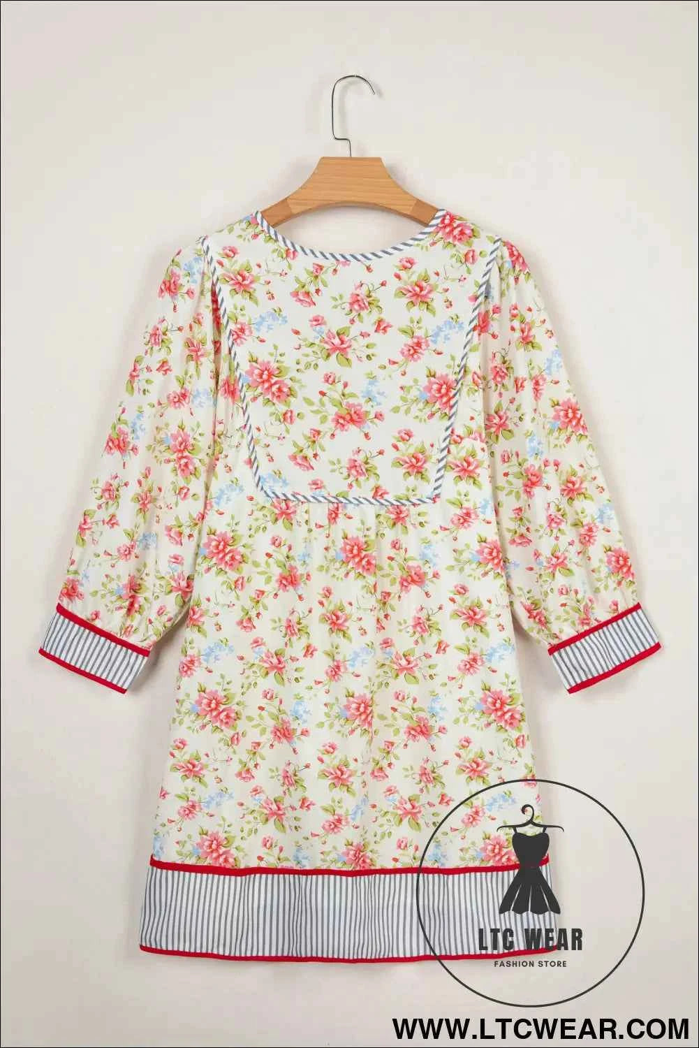 Apricot Striped Edge 3/4 Puff Sleeve Floral Dress