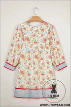 Apricot Striped Edge 3/4 Puff Sleeve Floral Dress