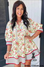 Apricot Striped Edge 3/4 Puff Sleeve Floral Dress